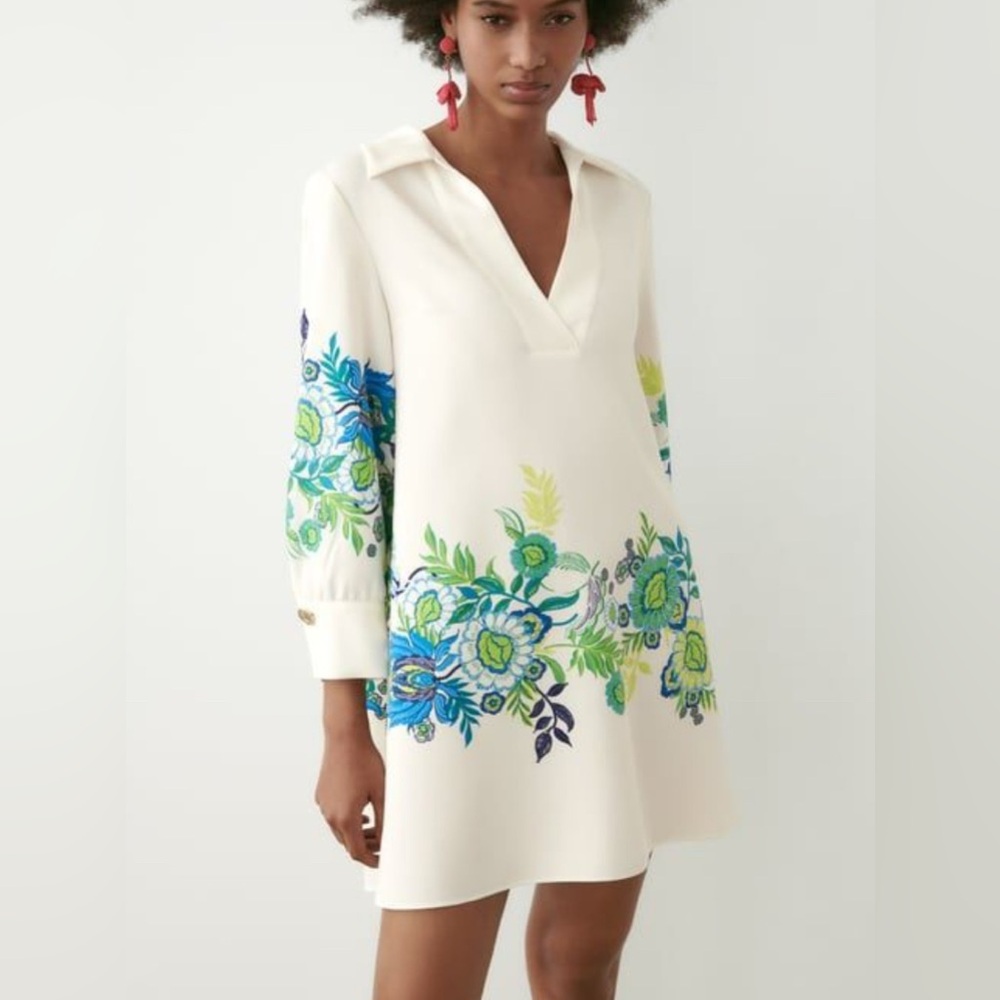 Zara White Mini Dress with Blue and Green Floral Design.NWT